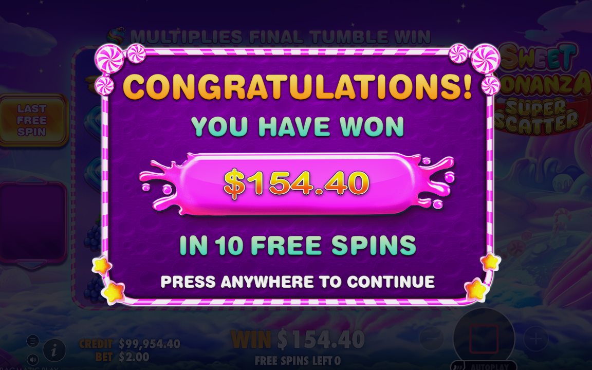 Win screen after a tumble sequence in one spin